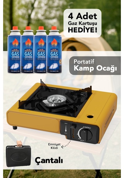 Portatif Kamp Ocağı - Taşıma Çantalı Gazlı Stop Emniyetli Sarı Kamp Ocağı Ve 4 Adet 227 Gr Kartuş Sarı