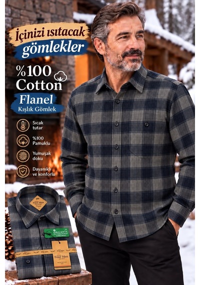 Eren Style Flanel Kışlık Pamuklu Tek Cepli Düğmeli Yaka Gömlek Regular Kalıp Gri