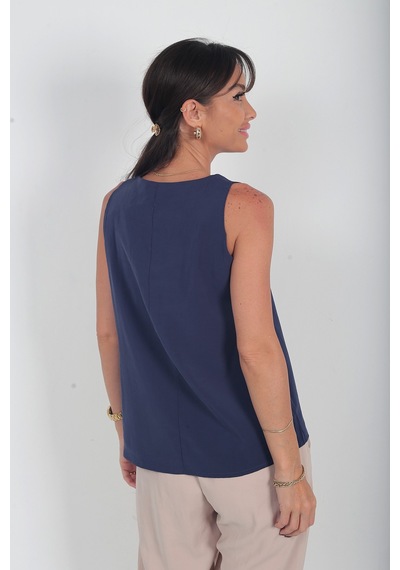 By Saygı Kadın V Yaka Pervazlı İtalyan Cotton Lyocell Bluz Lacivert