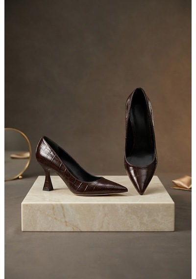 Shoetek Vienatta Kadın Stiletto İnce Topuklu Kroko Desenli Kahverengi Deri Kahve Kroko