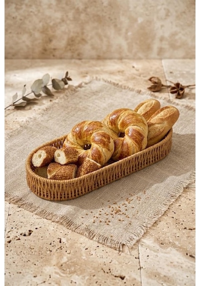 Rattan Oval Ekmek Sepeti 14x34x4.5 Cm - El Örmesi Hasır Baharatlık Ve Mutfak Organizeri Kahverengi