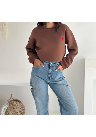 İs Berceste Kadın Bisiklet Yaka Kalp Nakışlı 3 İplik Şardonlu Sweatshirt Kahverengi