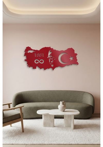 Atatürk Harita Metal Duvar Tablosu - Duvar Sanatı - Duvar Dekoru - Kırmızı