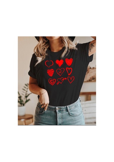 Herkesemoda Kalpler Baskı Detaylı Basic T-shirt Siyah