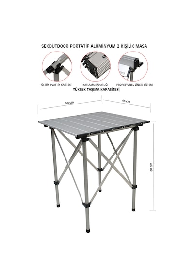 Sekoutdoor Alüminyum Katlanır Masa 2 Kişilik Gri