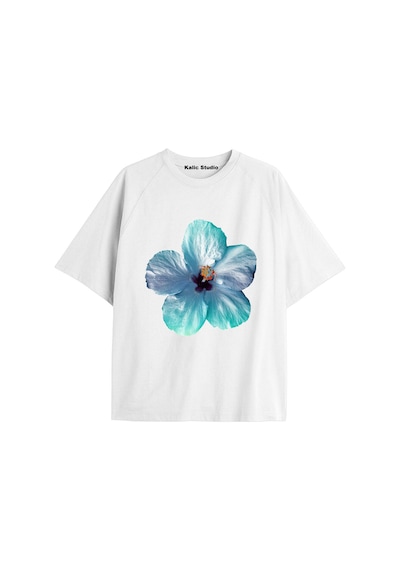 Kalic Studio Kadın Çiçek Özel Baskılı Renkli Oversize Penye Pamuklu Bisiklet Yaka T-shirt Beyaz-29