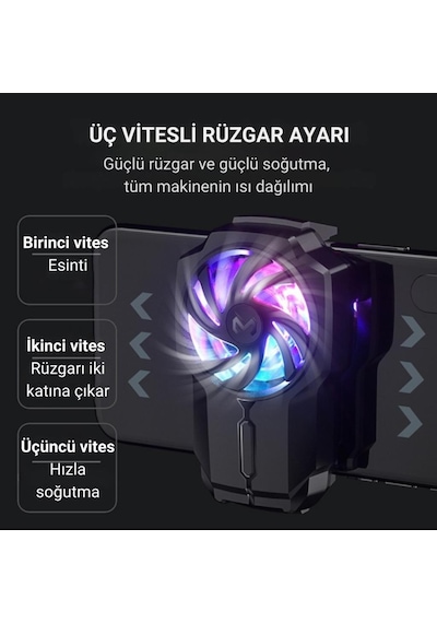 Polham 700mah Şarjlı Rgb Işıklı Sessiz 6000rpm Telefon Soğutucu Fan, Universal 3 Vitesli Süper Soğutucu