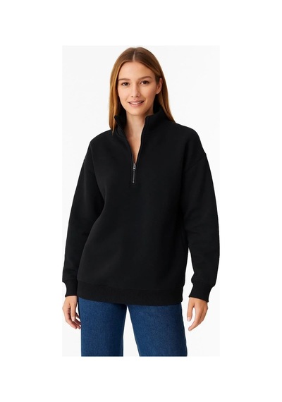 Tarzyeri Kadın 3 İplik Pamuklu Dık Yaka Yarım Fermuarlı Sweatshirt - Siyah