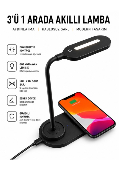 Kablosuz Şarjlı Akıllı Masa Lambası 360 Esnek Gövde Tasarımı Şarj Ve Aydınlatma Bir Arada Diğer