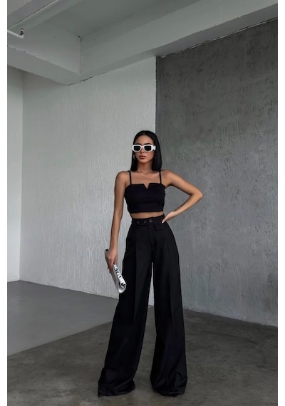 Defymoda Üç Düğme Detayli Palazzo Pantolon Siyah