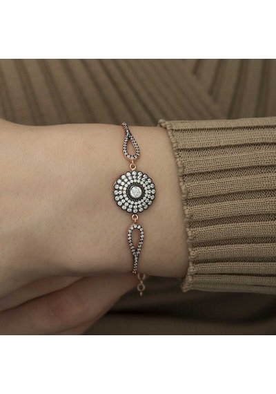 925 Ayar Gümüş Rose Elmas Montür Çiçek Bileklik Gümüş - Rose