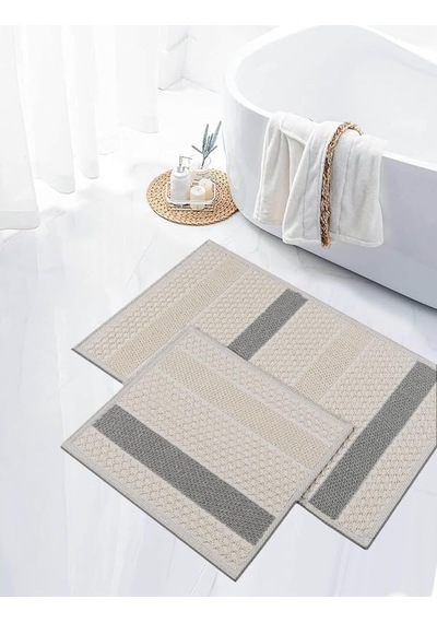 Naturel Pamuklu Kilim Yıkanabilir Banyo Paspası Seti 2'li Klozet Takımı 60x100-50x60cm 7021 Bej Diğer