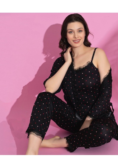 Lukitus Sabahlıklı İp Askılı Kalp Desenli Kadın Pijama Takımı Çok Renkli