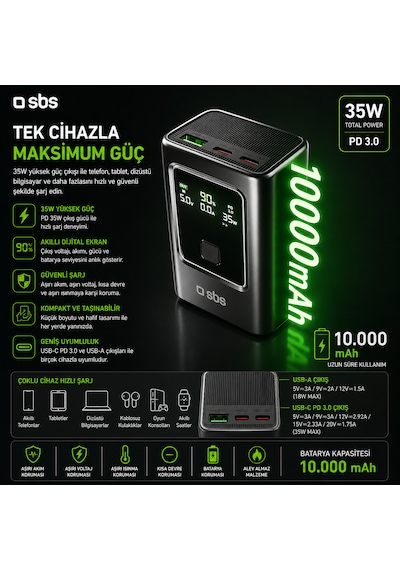 Sbs 10.000 Mah Powerbank 35w Pd Lcd Ekran 2x Usb-c Pd + Usb-a 22.5w Afc Hızlı Şarj Taşınabilir Powerbank Gri