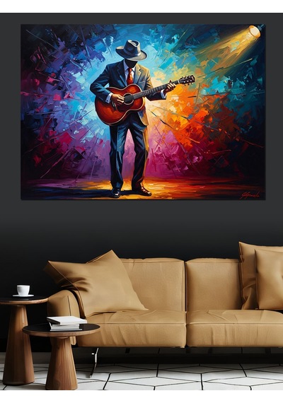 Sahne Işıkları Altında Gitarist Portresi Dekoratif Kanvas - Mdf Ahşap Tablo