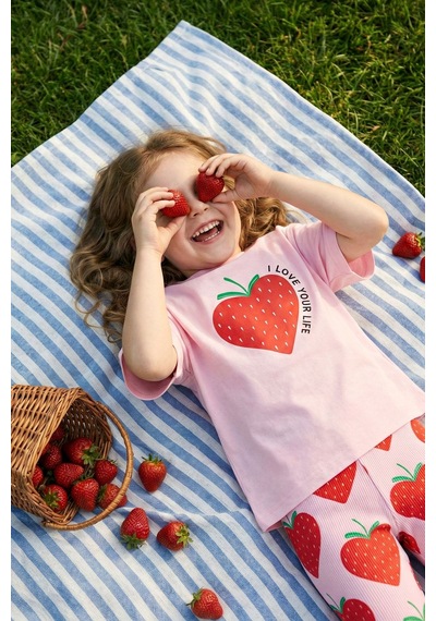 Zuzunga Strawberry Love Baskılı Kız Çocuk Tayt Takım Pembe Çilek Desenli