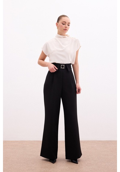 Sateen Bel Detaylı Geniş Paça Pantolon - Siyah