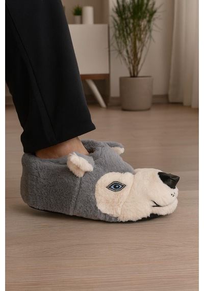 Kurt Figürlü Peluş Panduf Ev Pandufu Unisex Panduf Gri