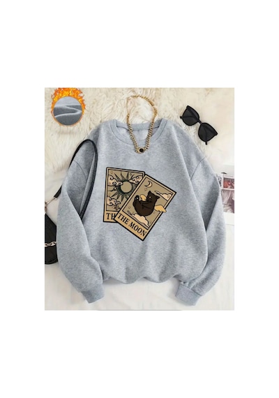 Herkesemoda The Moon Baskı Detaylı Bisiklet Yaka Sweatshirt Gri