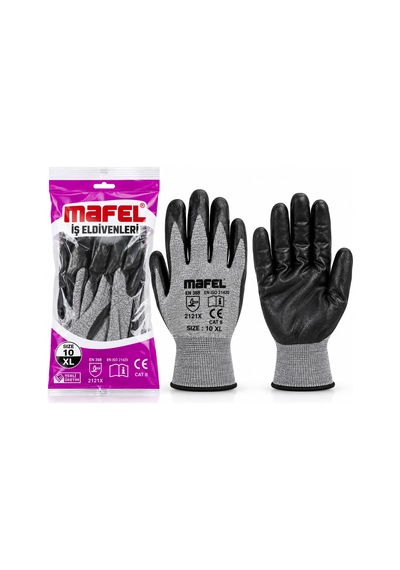12 Adet Zebra Gri Siyah No 10 Xl Nitril İşçi Eldiven Poşetli Ambalaj Kesilme Direnç Standart