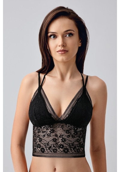 New Bra Çiçek Motifli Uzun Dantel Crop Bralet Siyah 8329
