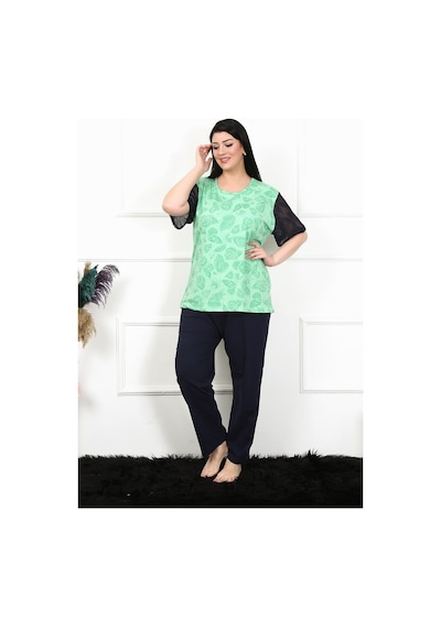 Akbeniz Kadın 5xl-6xl-7xl-8xl Büyük Beden Kısa Kol Pijama Takım 75004-yeşil Yeşil