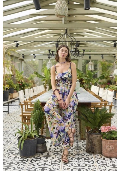 Majeur Çiçek Ve Yaprak Desenli İp Askılı Tulum Mor