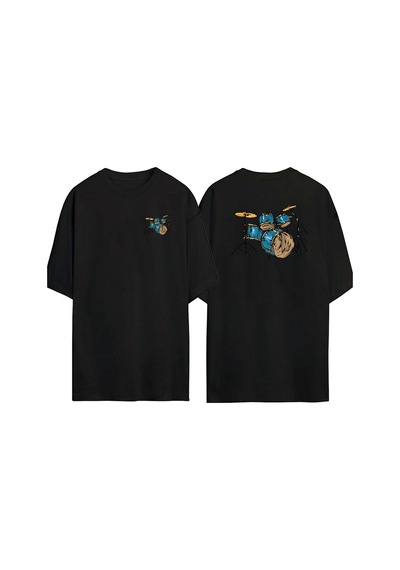 Thewert Unisex Mavi Ve Sarı Akustik Davul Ön Arka Baskılı Sıyah Oversize T-shirt Siyah