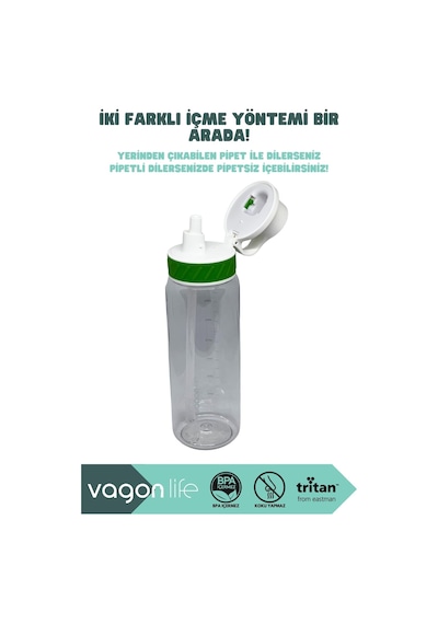 Vagonlife 800ml Pipetli/pipetsiz Kullanım Şeffaf Gövdeli Tritan Su Matarası Beyaz-yeşil 0
