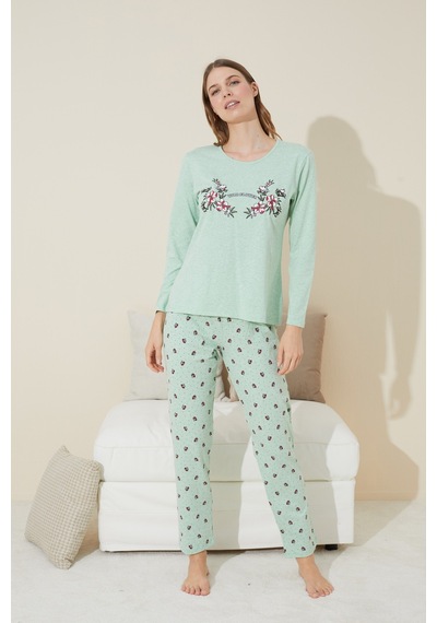Siyah İnci Pamuklu Örme Pijama Takım 24240119 Yeşil