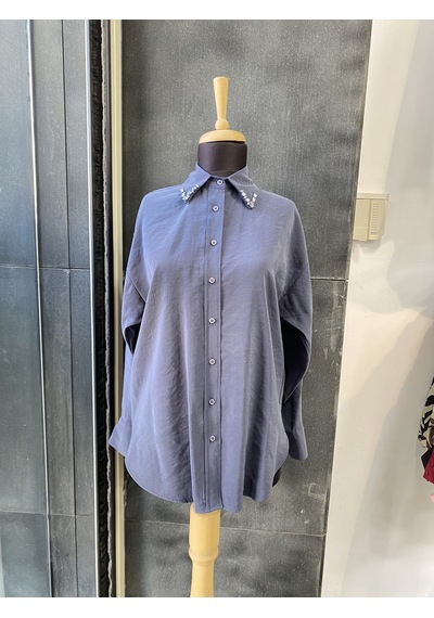 Pera Moda Yakası Taşlı Modal Kumaş Oversize Kadın Gömleği Antrasit