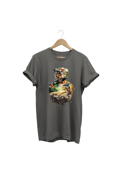 Bisiklet Dağ Tırmanışı Kask Ve Bisiklet Orman Detay Tasarım Basklılı %100 Pamuk Regular Fit T-shirt Antrasit