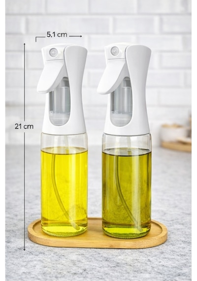 2'li Bambu Altlıklı Sprey Cam Yağdanlık - Airfryer Yağlık Fritöz Yağ Püskürtücü Beyaz 300 Ml Şeffaf