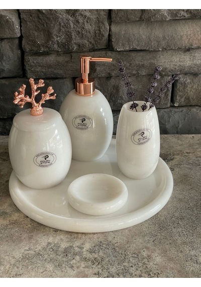 Beyazı Mermer Rose Gold Mercan Aksesuarlı Oval 5,li Banyo Seti Beyaz
