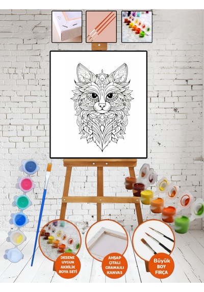 Kanvas Mandala Kedi Boyama 25x35 Tuval Boya Seti Çocuk Hobi