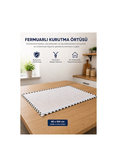 80x100 Cm Fermuarlı Tül Kurutma Örtüsü Siyah Beyaz Toz Ve Böceklere Karşı Koruyucu Hijyenik Kurutma Filesi Diğer