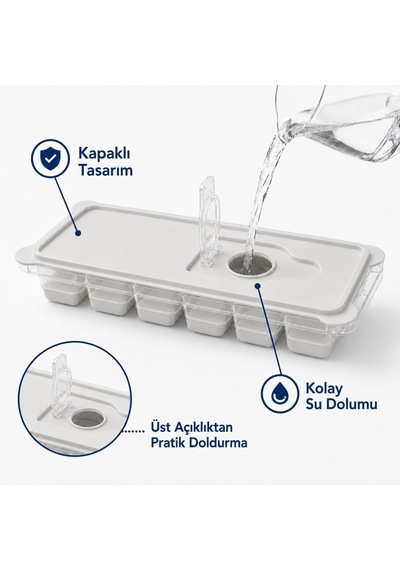 Kapaklı Plastik Buz Kalıbı Silikon Tabanlı 12li Buzmatik Kolay Çıkarılır Ve Doldurulabilir Sızd Beyaz