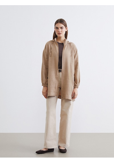 Lc Waikiki Lc Waıkıkı Bej Kapüşonlu Oversize Kadın Tunik
