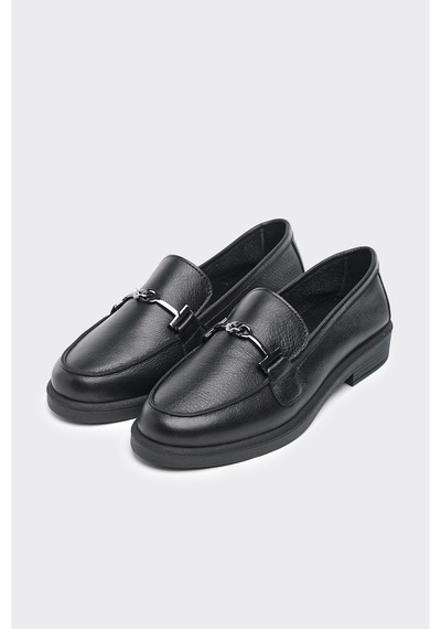 Derinet Tokalı Hakiki Deri Kadın Loafer Siyah Siyah