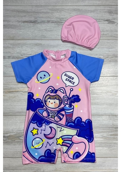 My Kids Wear Çizgi Film Desenli Fermuarlı Boneli Kız Çocuk Mayosu Çok Renkli