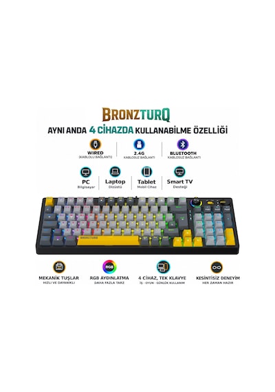 Bronzturq Mk1141 Rgb Antı-ghostıng 3n1 Wired + 2.4g + Bluetooth Mekanik Klavye