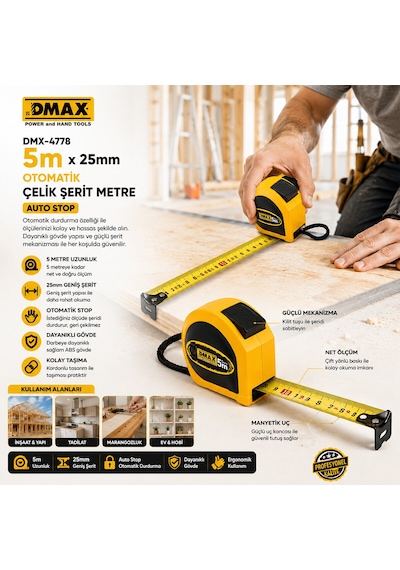 12 Adet 5mt X 25mm Otomatik Çelik Şerit Metre Stoplu 4741 0.004 M - 0.032 M