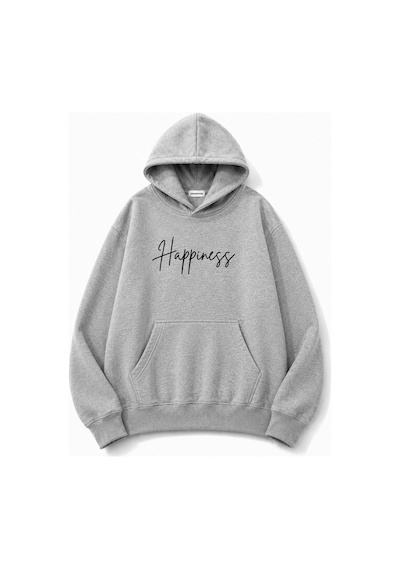 Herkesemoda Happines Baskılı Kapüşonlu 2 İplik Şardonlu Sweatshirt Gri