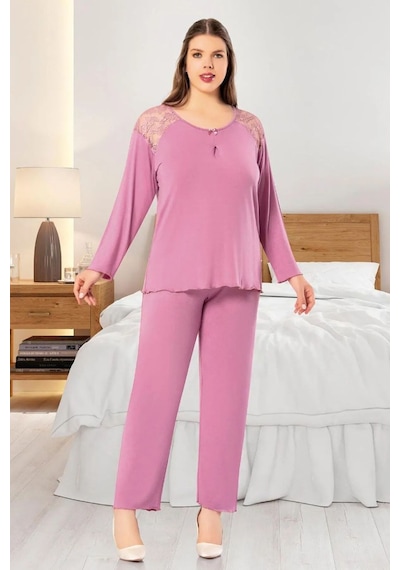 Faal 8804 Kadın Büyük Beden Uzun Kollu Dantel Detaylı Pijama Takım-gülkurusu GÜL KURUSU