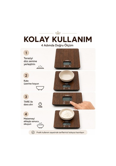 Dijital Mutfak Terazisi 5 Kg Kapasiteli 1 Gr Hassasiyetli Akasya Dikdörtgen 14x20 Cm Çok Renkli