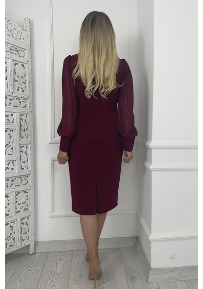 Ges Moda M1990 Kare Yaka Şifon Kollu Elbise Bordo-bordo
