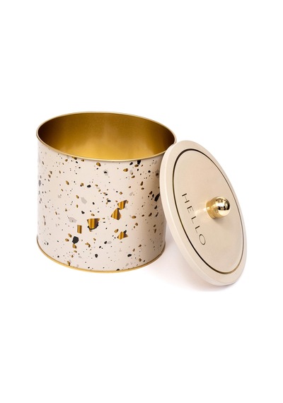 Terrazzo Cream Desenli Topuz Kulplu Yuvarlak Metal Saklama Kabı 17.5 x 15.5 CM 3.5 L Çok Renkli