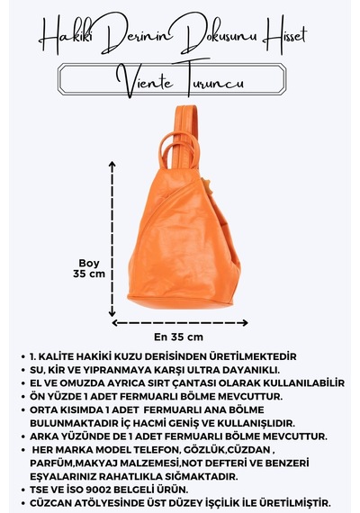 Viente Turuncu Hakiki Deri Kadın El Omuz Ve Sırt Çantası Turuncu