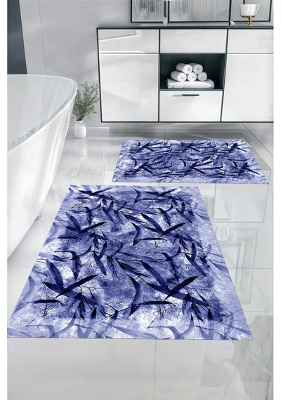 Buççin Online Mağaza Dijital Baskılı Yıkanabilir Kaymaz Taban Yaprak Motifli Banyo Paspası Klozet Takımı Polyester Lacive Çok Renkli