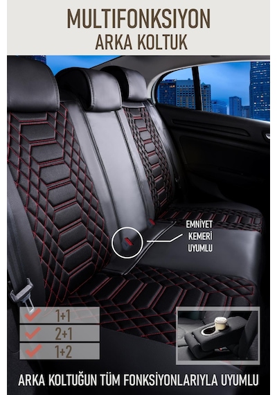 Renault Megane 4 Hatchback 2016-2020 Uyumlu Lüx Deri Oto Koltuk Kılıfı Ön Arka Takım Crystal Siyah Kırmızı